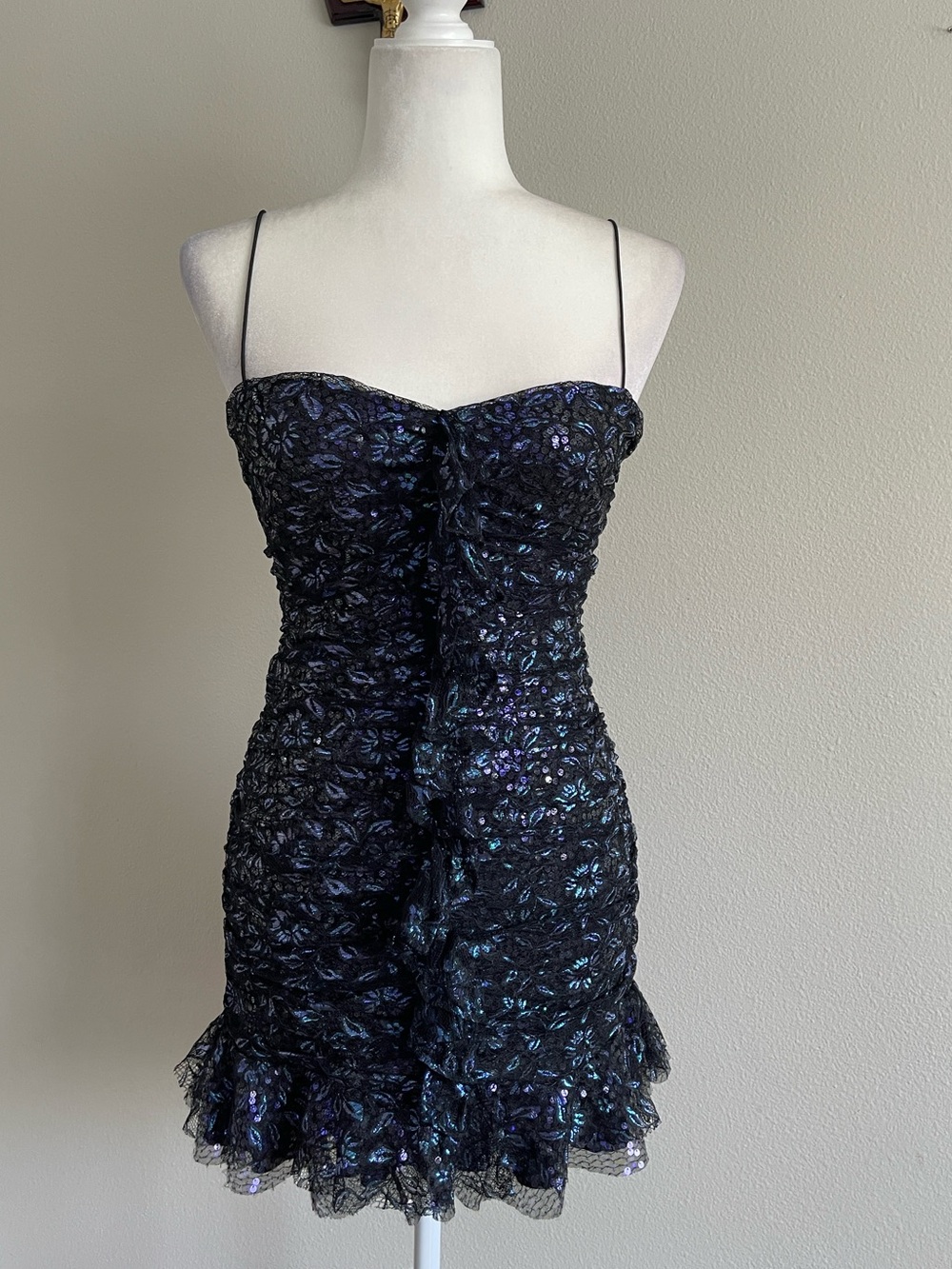 For Love & Lemons Black Iridescent Floral Lace Mini Dress